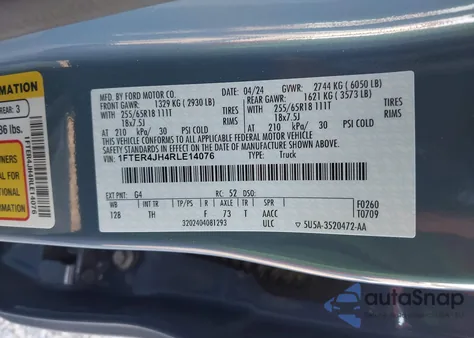 2024 Ford Ranger Lariat из США, поврежденный, VIN 1FTER4JH4RLE14076